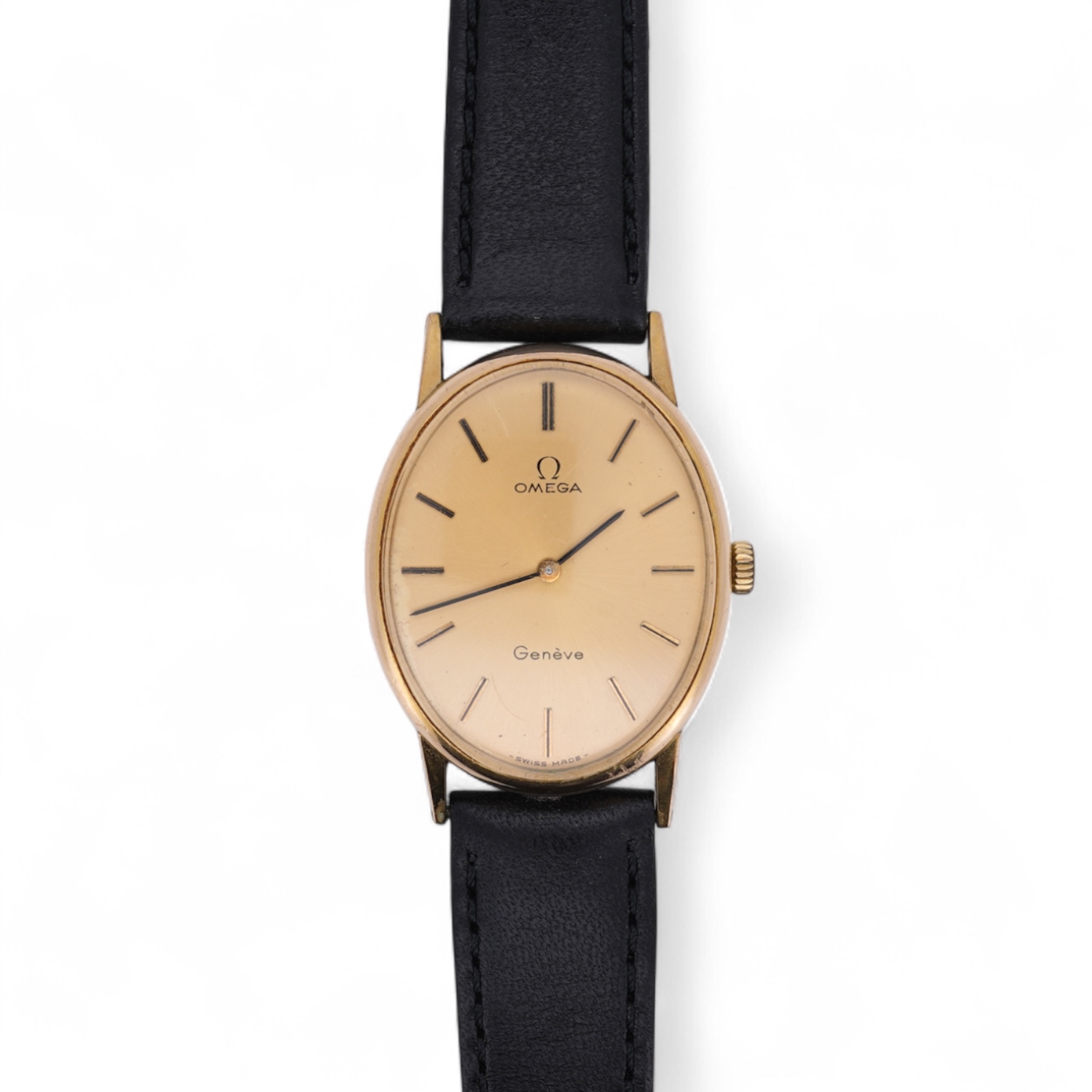 A lady's early 1970's steel and gold plated Omega manual wind wrist watch, with oval dial and baton numerals, case diameter 26mm, movement c.620, on an associated leather strap, with box no papers.